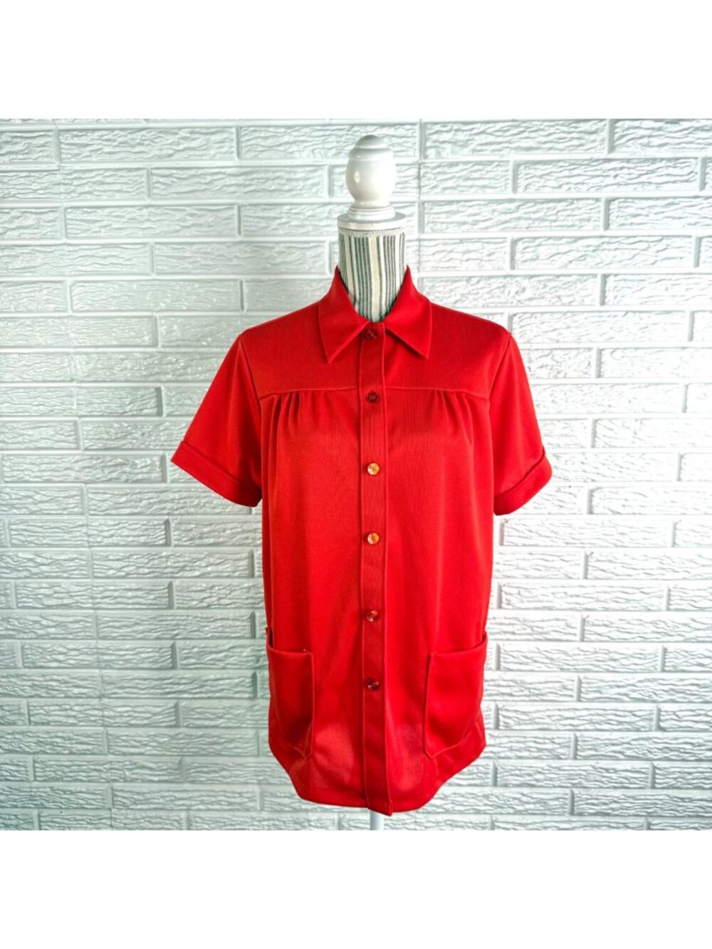 Vintage Land ‘n Sea 70s Red Polyester Button Up Smock Shirt Patch Pockets L/XL